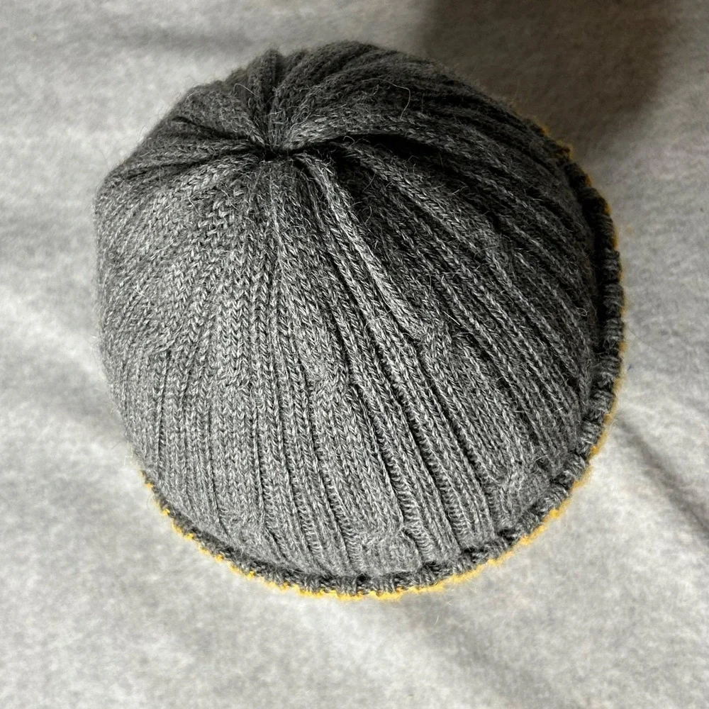 Peruvian Soul Baby Alpaca Beanie Hat Reversible Gray Yellow Ribbed‎ Knit Winter